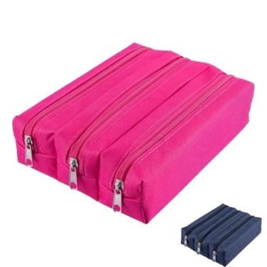 Imagem de Estojo Escolar Triplo com 3 Divisórias – Material Nylon Impermeável (Rosa)