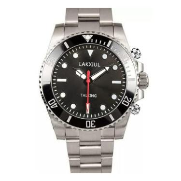 Imagem de LAKXIUL Relógio falante inglês, pode jogar hora, data, mês, pode definir três alarmes, caixa de liga de prata com pulseira de aço inoxidável prata, superfície preta