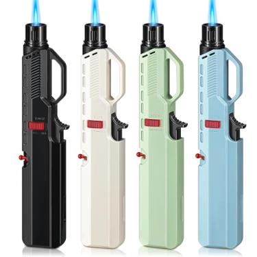 Imagem de Wanbro Pacote com 4 isqueiros de tocha, à prova de vento e chama de jato ajustável, com janela visível e trava de segurança, isqueiros recarregáveis a gás butano longo para vela, churrasqueira