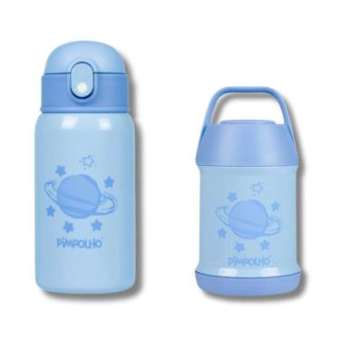 Imagem de Kit Pote + Garrafa Térmica Inox Azul/Planeta - Pimpolho