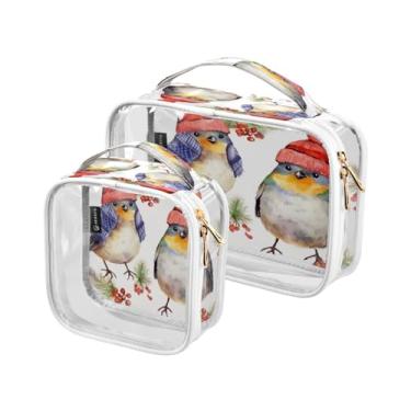 Imagem de GAIGEO Conjunto de sacolas de higiene pessoal transparentes de Natal com estrelas e árvores, bolsa transparente com zíper, bolsas de acessórios de viagem, pacote com 2, Pássaros fofos em chapéus e