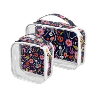 Imagem de GAIGEO Conjunto de 2 sacos de maquiagem transparentes de abóbora laranja em floral, bolsa de viagem para líquidos, bolsa de higiene pessoal leve para viagens, Jardim floral de esqueletos dançantes