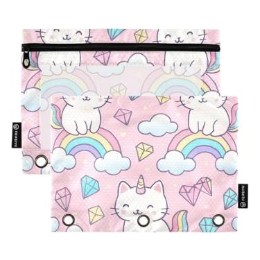 Imagem de Bolsa de lápis para estudantes com 3 anéis, fichário com zíper, bolsa para lápis, caneta, escola, transparente, bolsos, fofos, unicórnio, gatos, arco-íris, rosa, 25 x 18 cm, 2 pacotes