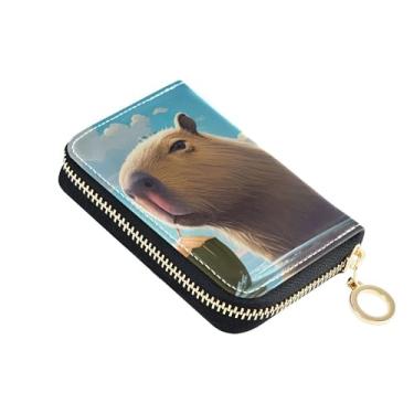 Imagem de Carteiras de couro para mulheres, porta-cartão de crédito, bloqueio de RFID, zíper ao redor, carteira de dinheiro de viagem com bolso para moedas, linda capivara, branca, azul celeste