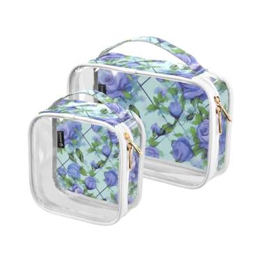 Imagem de GAIGEO Conjunto de bolsas de maquiagem azuis e folhas verdes em xadrez azul, bolsa de higiene, acessórios de viagem cosméticos, pacote com 2, Rosas azuis e flores verdes - 1, one size