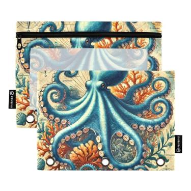 Imagem de GAIGEO Pasta vintage de polvo com 3 argolas, bolsa de lápis, bolsa de lápis, fichário com zíper, para sala de aula, fichários transparentes, bolsos, caneta, 25 x 18 cm, 2 pacotes