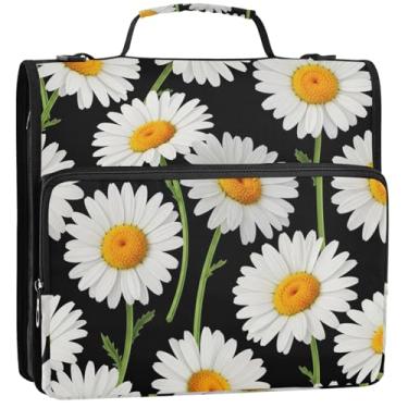 Imagem de Organizador de fichário com zíper, margaridas brancas, preto, 3 anéis, 3 anéis, bolsa para fichários escolares de tecido com alça de ombro, estojo de armazenamento com alça, 34,5 x 31,5 x 9 cm