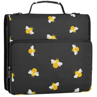 Imagem de Cute Bees Organizador de fichário preto com zíper com 3 fichários de 3,8 cm D com alça para pasta de portfólio de armazenamento escolar com alça, 34,5 x 31,5 x 9 cm