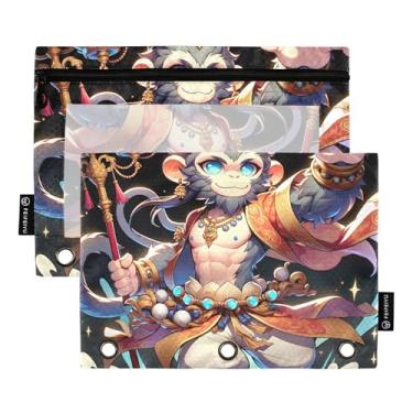 Imagem de GAIGEO Bolsa para lápis, fichário com 3 anéis, fofo, macaco, deus, desenho animado, caneta, fichário, fichário escolar, com bolsos transparentes, 25 x 18 cm, 2 pacotes