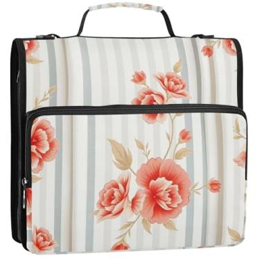 Imagem de Fichários de 3 anéis com listras de flores, 3 cm, fichário resistente com zíper, fichário organizador com alça, bolsa escolar colorida, vários bolsos, pasta grande, 34,5 x 31,5 x 9 cm