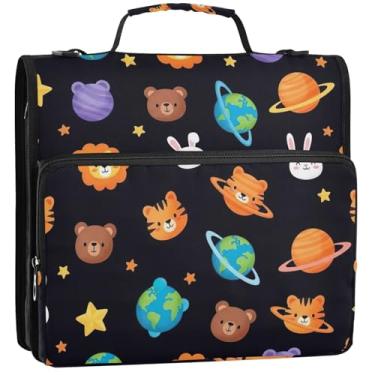 Imagem de Lindos desenhos animados planetas estrelas 3 anéis fichários resistentes com zíper bolsa organizadora de fichários escolares com alça de ombro grande estojo de armazenamento com alça, 34,5 x 31,5 x