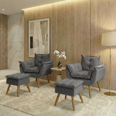 Imagem de Kit 2 Poltronas Decorativa e 2 Puffs Para Sala Recepção Manicure Consultório Quarto Alice Tecido Suede