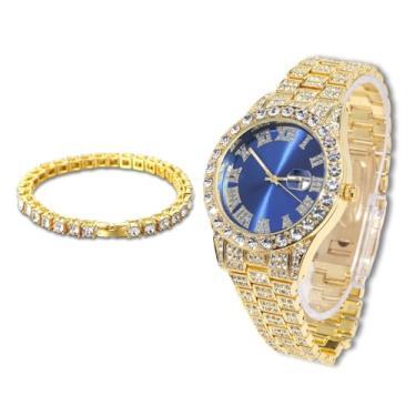 Imagem de richhut Relógio de diamante masculino masculino - mostrador azul - pulseira de 18 mm de largura banhado a ouro real 18 k ouro branco banhado a platina, com conjunto de corrente de tênis opcional