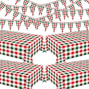 Imagem de Hahafelt 8 peças de toalha de mesa xadrez de Natal faixa 137 x 272 cm vermelho verde branco xadrez xadrez e bandeira triangular capa de mesa de plástico para Natal, inverno, pizza, piquenique, festa