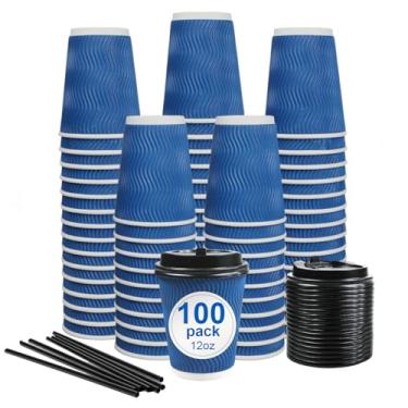 Imagem de RAZCC Xícaras de café, pacote com 100 copos de papel descartáveis com isolamento azul, copo de parede ondulado kraft ondulado, vem com tampas e canudos, adequado para bebidas quentes e frias