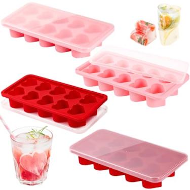 Imagem de Webake Pacote com 4 bandejas de cubos de gelo de coração com tampas, moldes de silicone em forma de coração para resfriar uísque, coquetéis e bebidas, também ideal para fazer chocolate, sabão e cera