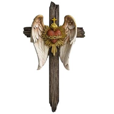 Imagem de Cruz de parede do Sagrado Coração de Jesus católico BC, cruz de parede de asa de anjo de 30,5 cm A, decoração de casa inspiradora católica, presente devoto, escultura renascentista pintada à mão por