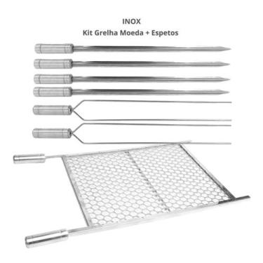 Imagem de Kit Grelha Moeda 70x40 E 6 Espetos Espada E Duplo Churrasco - INOX LAU