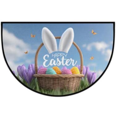 Imagem de Tapete de porta frontal para entrada interna e externa, coelhinho de ovo de páscoa, tapete de porta meio redondo, absorvente antiderrapante, suporte de boas-vindas, entrada de pátio, tapetes de baixo