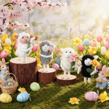 Imagem de Soulchen 4 peças de enfeites de ovelha de feltro de Páscoa com flores, mini estatuetas de ovelhas bolsa de feltro fofo pingentes de animais para cesta de Páscoa, decoração de primavera, casa