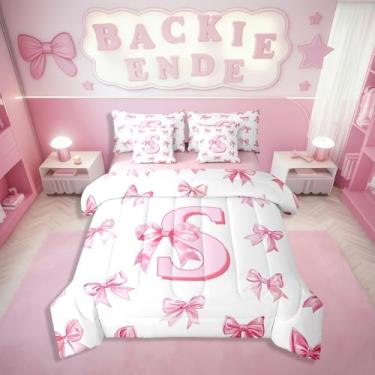 Imagem de Erosebridal Jogo de cama Dreamy Bow em uma bolsa com lençol com monograma rosa, tamanho P, Queen, 7 peças, letra P, laço para crianças, meninas, adolescentes, mulheres, conjunto de cama de princesa