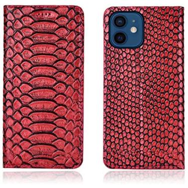 Imagem de KKFAUS Capa de telefone fólio magnética de couro, para Apple iPhone 12 Mini (2020) 5,4 polegadas Python Pattern Stent Function Case com slot para cartão (Cor: vermelho)