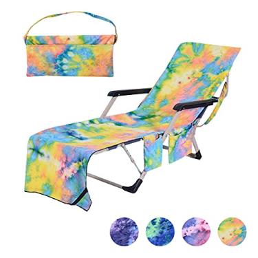 Imagem de Capa de Cadeira Praia Piscina Chaise Lounger Toalha com Bolsos Laterais Armazenamento Microfibra Macia Absorvente Sacola Portátil Plegável Alça Elásti