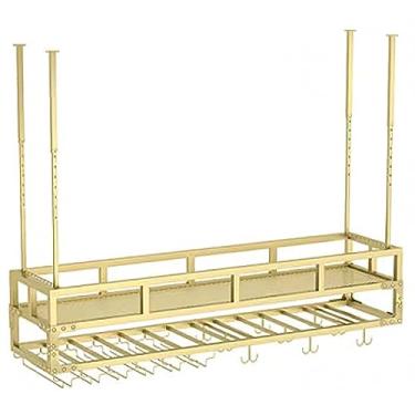 Imagem de Rack de vinho suspenso com suporte de vidro e prateleira, suporte de vinho de metal para montagem no teto, suporte de garrafa de vinho industrial ajustável, para bar café cozinha (cor: preto, tamanho