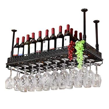 Imagem de AkosOL Rack de copo de vinho de bar, prateleiras de ferro dianteiras penduradas de cabeça para baixo, suporte de taças de teto iluminado, rack de vinho armário de vinho (cor: preto, tamanho: 80 * 35
