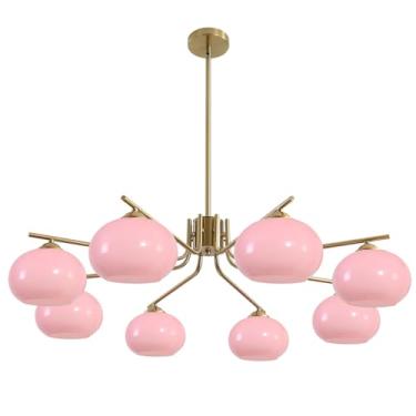 Imagem de Lustre Sputnik vintage em vidro rosa com 8 lâmpadas, lustre moderno de latão escovado para sala de estar ou ilha de cozinha.