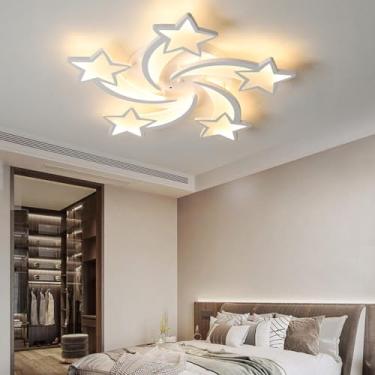 Imagem de Luminária de teto LED com controle remoto, dimerizável (3000-6000K), design estrela, branca, ideal para sala de estar, quarto infantil, quarto de casal e sala de jantar (5 lâmpadas).