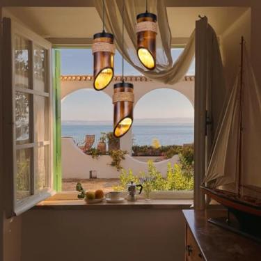 Imagem de Lustre de bambu com 3 luzes, luminária pendente para mesa de jantar, estilo campestre retrô, iluminação artesanal natural, soquete E27, luminária suspensa para ilha de cozinha, sala de janta