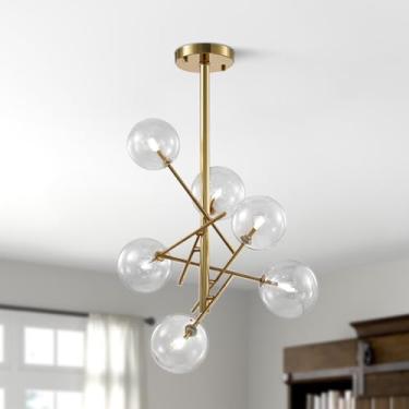 Imagem de Lustre KCO Modern Sputnik Ajustável com 6 Lâmpadas, Estilo Meados do Século XX, Dourado, com Globos de Vidro Transparente, Ideal para Sala de Estar, Quarto e Cozinha.
