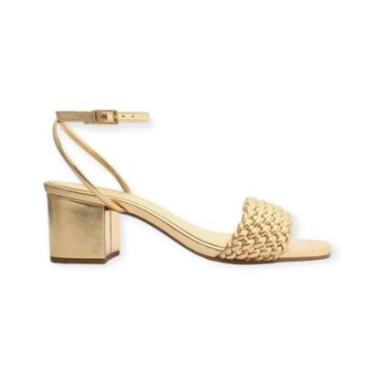 Imagem de Sandalia Feminina Arezzo Tira Larga Trançada Salto Medio Bloco Dourado-Feminino