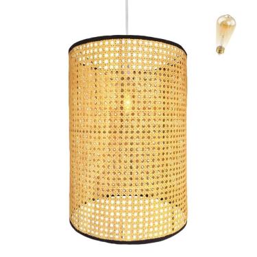 Imagem de Pendente Fibra Natural 56X40 Palha Indiana Sala Nat85 + Led