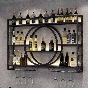 Imagem de Prateleira de vinho de ferro com luz LED com suporte para copo de vinho, prateleira de metal para vinho, prateleiras de bar de parede, prateleiras de bar para garrafas de bebidas para cozinha, sala de