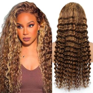 Imagem de Peruca de cabelo humano ondulado profundo 4/27 Ombre Lace Frontal, 13x4 HD Lace Ombre encaracolado cabelo humano, 66 cm cacheado realçado peruca de cabelo humano sem cola pré-arrancado, peruca loira