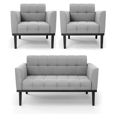 Imagem de Conjunto 2 Poltronas e 1 Namoradeira Decorativa Karen Pés Fixo em Madeira Preto Suede Cinza G19 - Gran Belo