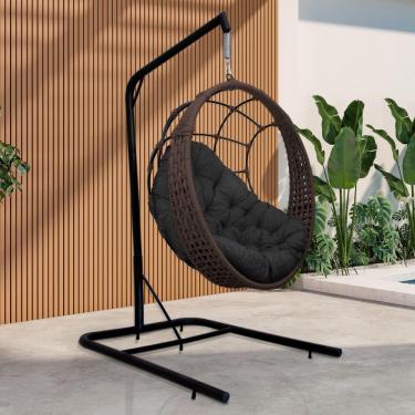 Imagem de Cadeira Balanço Ninho Suspenso Em Corda Náutica Luxo Com Suporte Marrom-preto