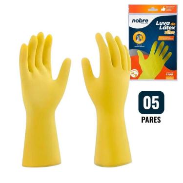 Imagem de Luvas De Látex Amarelo - Kit Com 5 Pares Para Proteção Contra Agentes Químicos - Tamanho M