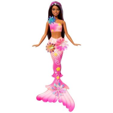 Imagem de Barbie Sereia Mágica com Flores Surpresa, Cauda Ombre e Acessório de Tiara de Pérolas - Cabelos Longos Castanho com Mechas Roxas 2025