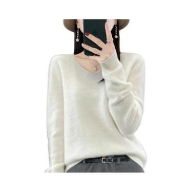 Imagem de Suéter Feminino De Lã Merino 100% Com Decote Em V, Casual, Tricotado, 