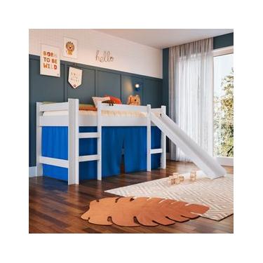 Imagem de Cama Infantil Elevada com Escorregador Branco e Cortina Azul Completa Móveis