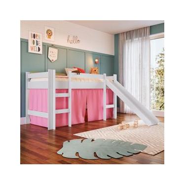 Imagem de Cama Infantil Elevada com Escorregador Branco e Cortina Rosa Completa Móveis
