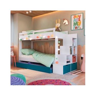 Imagem de Treliche Infantil Branco e Azul Escada Lateral Nichos Gavetas e Cama Auxiliar Completa Móveis