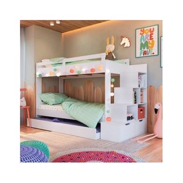 Imagem de Treliche Infantil Branco Escada Lateral Nichos Gavetas e Cama Auxiliar Completa Móveis