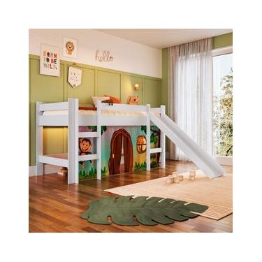 Imagem de Cama Infantil Elevada com Escorregador Branco e Cortina Estampada Zoo Completa Móveis