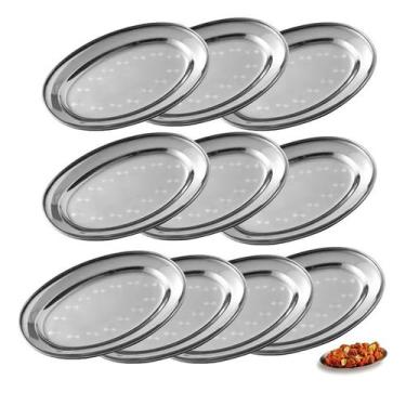 Imagem de Kit 10 Travessas Oval Inox Bandeja Porção Comida 32x20cm - FRIGOPRO