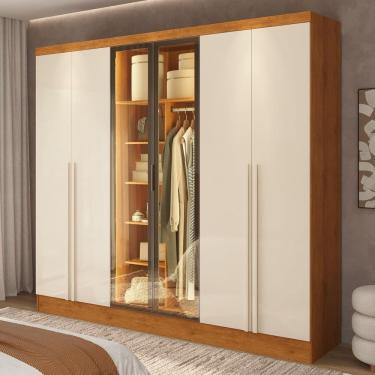 Imagem de Guarda-roupa Casal 6 Portas com 2 Portas Reflecta e 4 Gavetas Atenas Yescasa Marrom/Off White