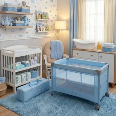 Imagem de Berço Portátil Infantil Multifuncional Cercado com Mosquiteiro e Abertura Lateral (Azul)